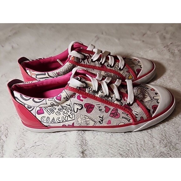 COACH Shoes Sneakers Womens 8 M Barrett‎ Poppy Pink Floral Script Designer Logo - Picture 6 of 11